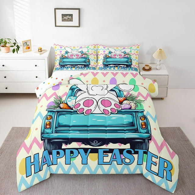 Happy Easter Adults Comforter Set,Cartoon Rabbit Spring Truck Animal Kawaii Bedding Set All Season,Colorful Easter Eggs Carrots Wavy Striped Comforter 3 Pcs with 2 Pillowcases,King Size