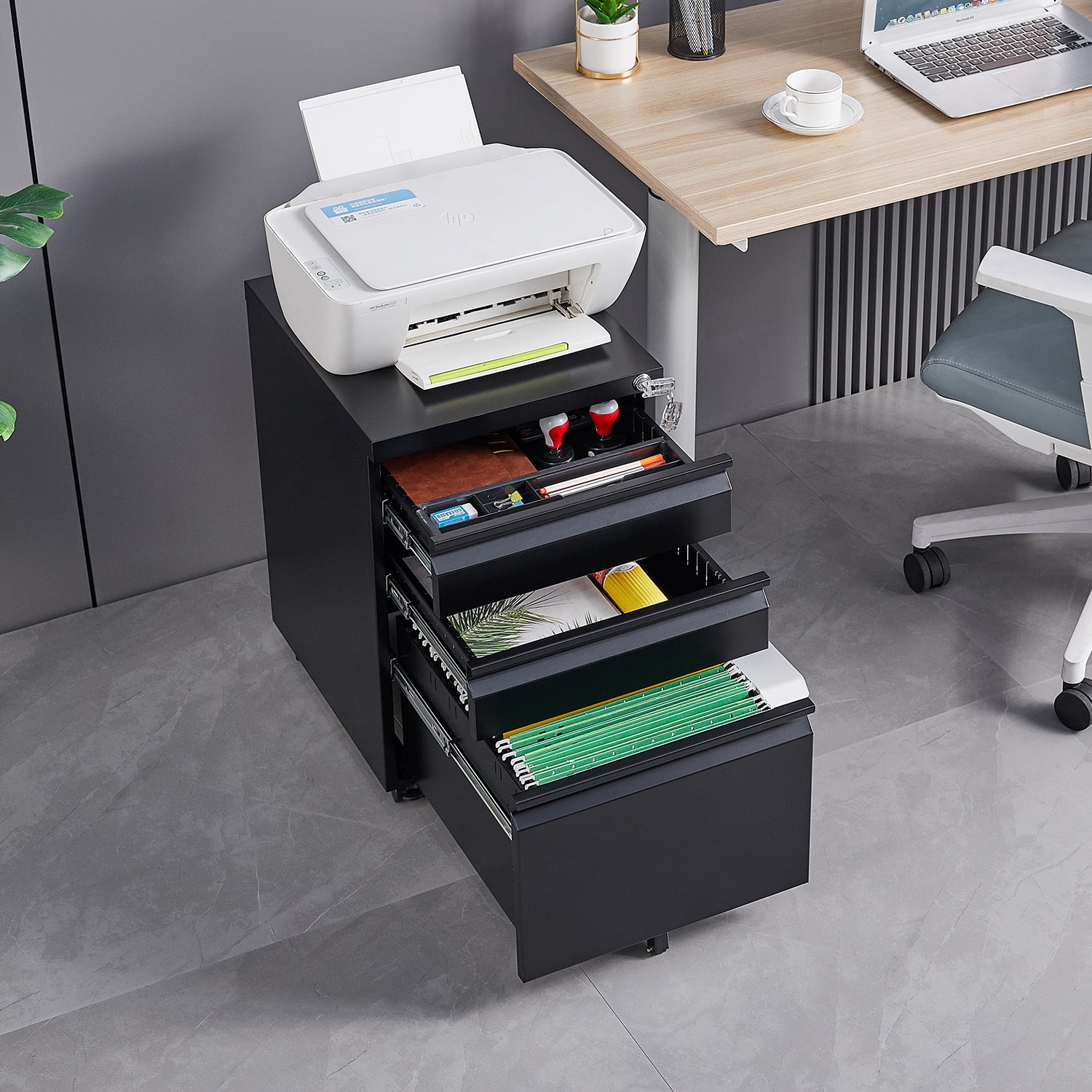 3-Drawer Lockable Mobile Metal Filing Cabinet for Letter/Legal/A4 Size, Under Desk Rolling Office Storage Cabinet with Anti-Tilt Fifth Wheel & Brake Casters, Assembly Required