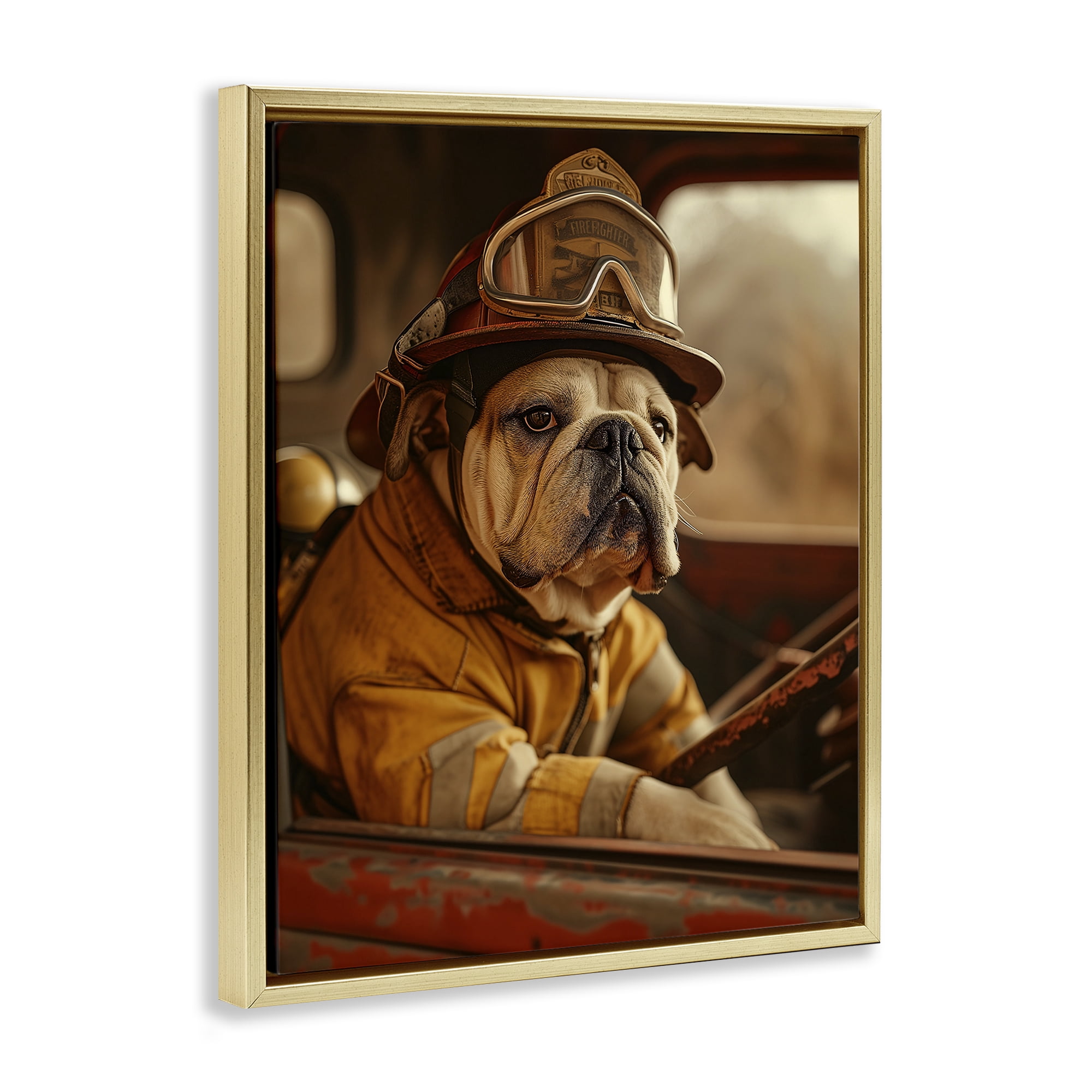 Stupell Industries Rustic Bulldog Fireman Novelty Painting Gold Floater Framed Canvas Art Print Wall Art, 25 x 31