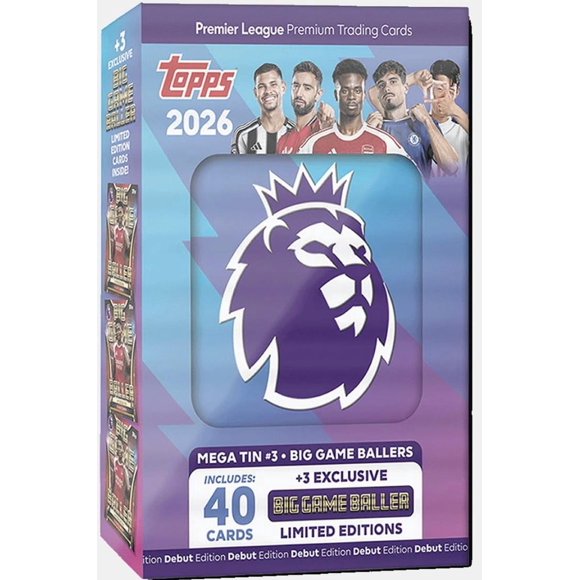 Premier League 2026 New - One Random Mega Tin - 40 Cards Including 3 Exclusive LE 25/26 Soccer Cards + Hassential Sticker