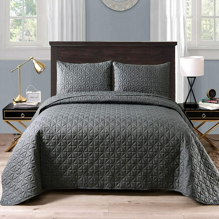 Exclusivo Mezcla 3-Piece King Size Quilt Set with Pillow Shams, Grid Quilted Bedspread/Coverlet/Bed Cover(96x104 inches, Dark Grey) -Soft, Lightweight and Reversible