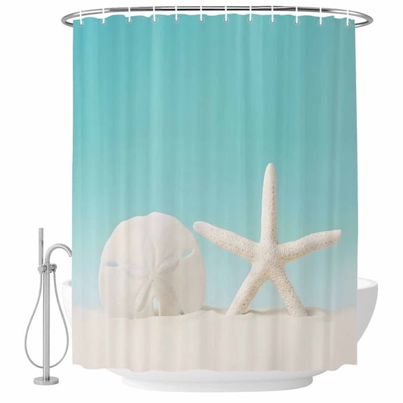 66x72 Inch Shower Curtains for Bathroom, Ocean Beach Bath Curtain Decor, Summer Coastal Beach Starfish Sand Dollars Teal Waterproof Restroom Curtains Shower Set Accessories with 12 Hooks 66 Inch