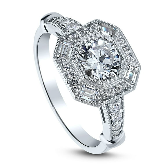 BERRICLE Sterling Silver Halo Wedding Engagement Rings Octagon Sun Cut Cubic Zirconia CZ Vintage Inspired Art Deco Ring for Women, Rhodium Plated Size 4