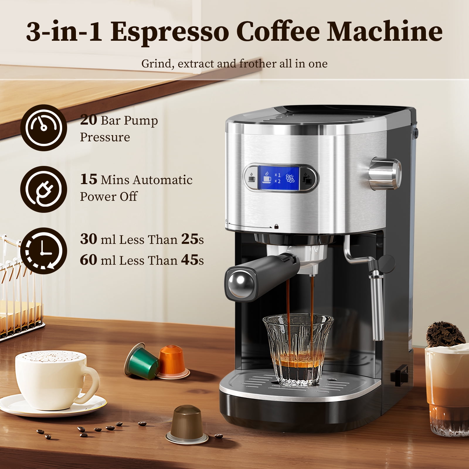 FREE VILLAGE Espresso Machine 20 Bar, Compact Espresso Coffee Maker with Milk Frother Steam Wand, Expresso Coffee Machines with 45 OZ Removable Water Tank for Cappuccino, Latte, Home