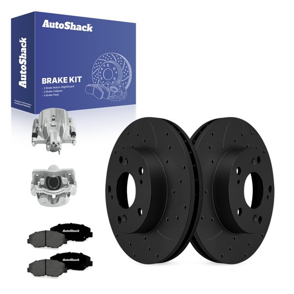AutoShack Front Brake Rotors, Premium Pads & Calipers for Honda, Civic 2015, FWD L4 1.8L - E-Coated Drilled & Slotted - Black Finish - NightGuard - 10.3" (261.6 mm), 5-Lug
