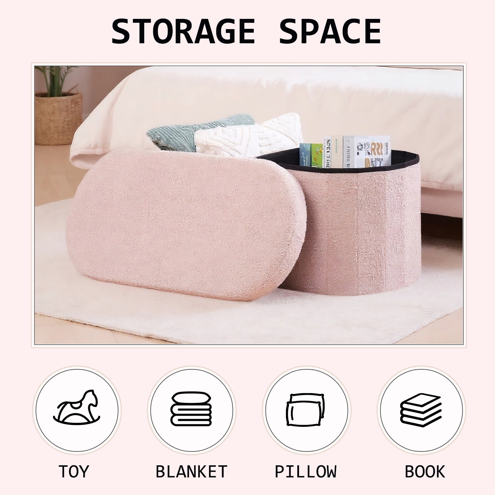 PINPLUS Storage Ottoman Bench Tufted Oval Ottoman Bench Foot Rest Velvet Bench with Storage 30" Pink