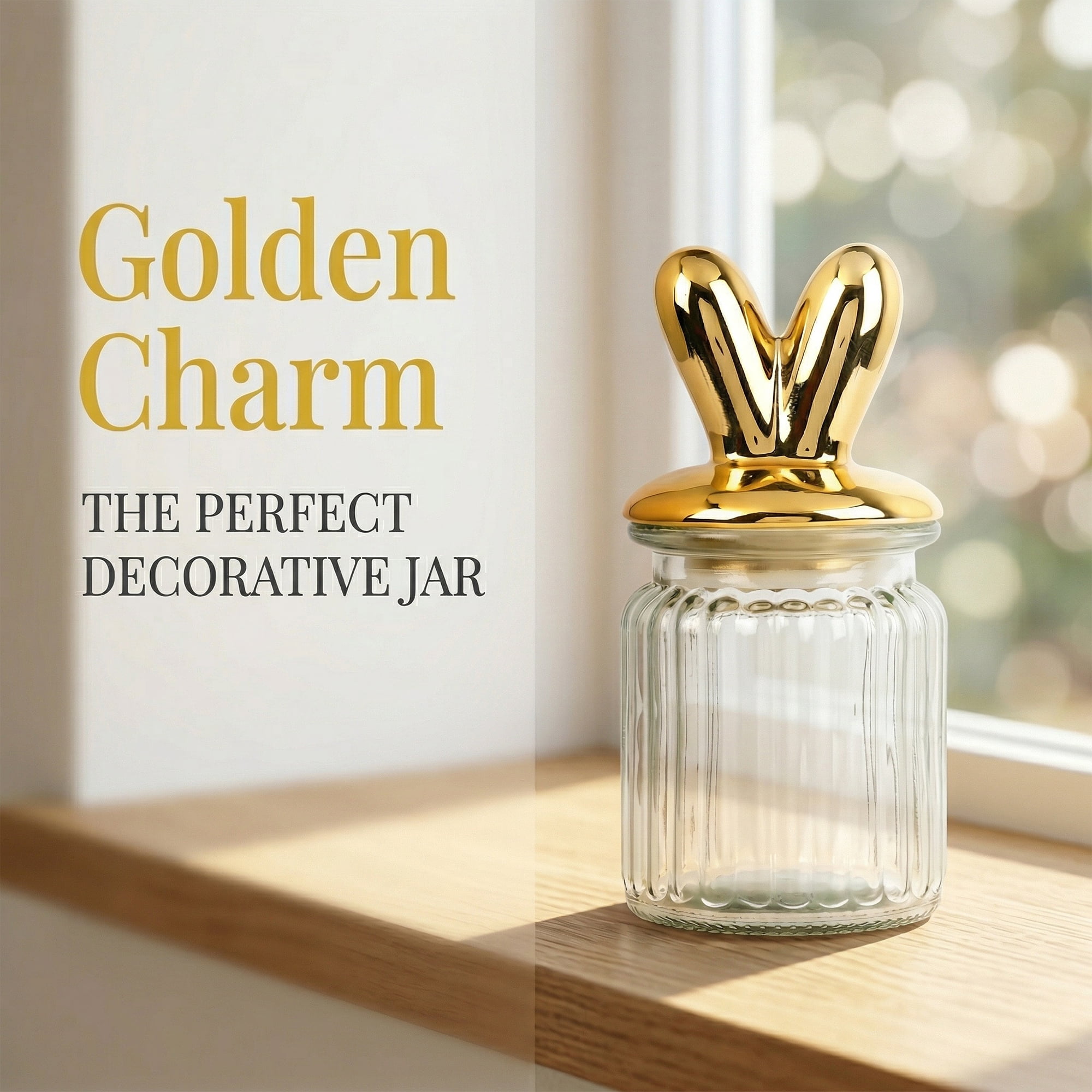 Unique Bargains Decorative Glass Jar With Lid Golden Rabbit Ears 3" x 3" x 5.5"