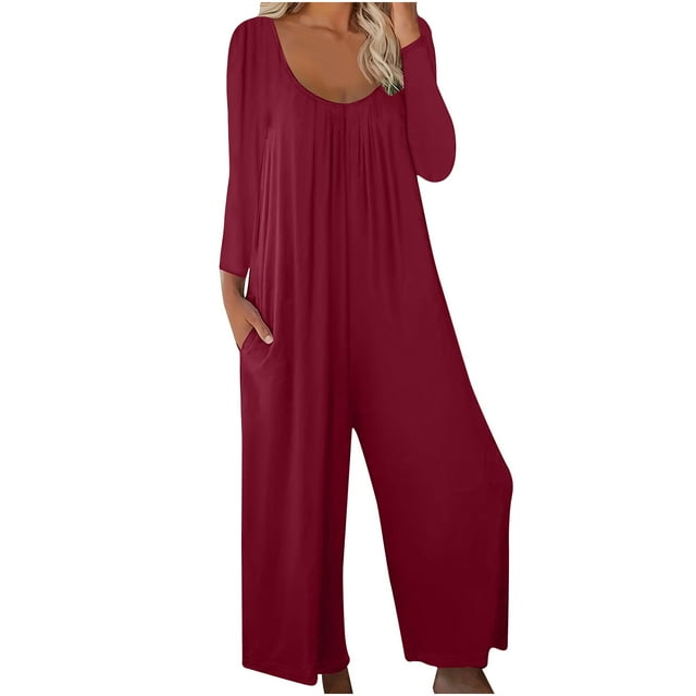 AherBiu Combinaisons à Manches Longues pour Femmes, Col Rond, Jambe Droite, Pantalons Décontractés Amples
