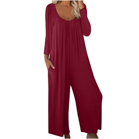 

Jalioing Bodysuits for Women Spring Long Sleeve Jumpsuit Pleated Crew Neck Loose Wide Leg Rompers with Pocket (Large Wine)