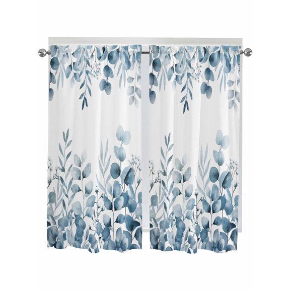 Blue Eucalyptus Leaves Living Room Curtains 2 Panel, Watercolor Spring Summer Botanical Cafe Window Treatment, Extra Long Farmhouse Bedroom Bathroom Kitchen Curtains Drapes 104"x72"
