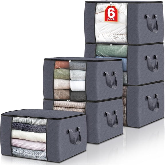 Prichor Storage Bags – 6 Pack Clothes Blanket Storage Bins – Foldable Closet Organizers with Reinforced Handle – Fabric Bags for Bed Sheets Clothing Comforters