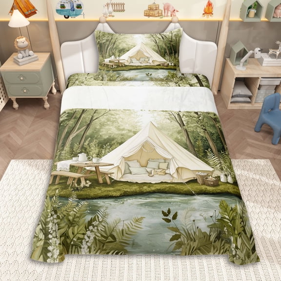 Erosebridal Jungle Camping Tent Twin Sheet Sets 3pcs for Teens Boys Girls,Kids Rustic Lake Life Bedding,Ultra Soft Home Decor
