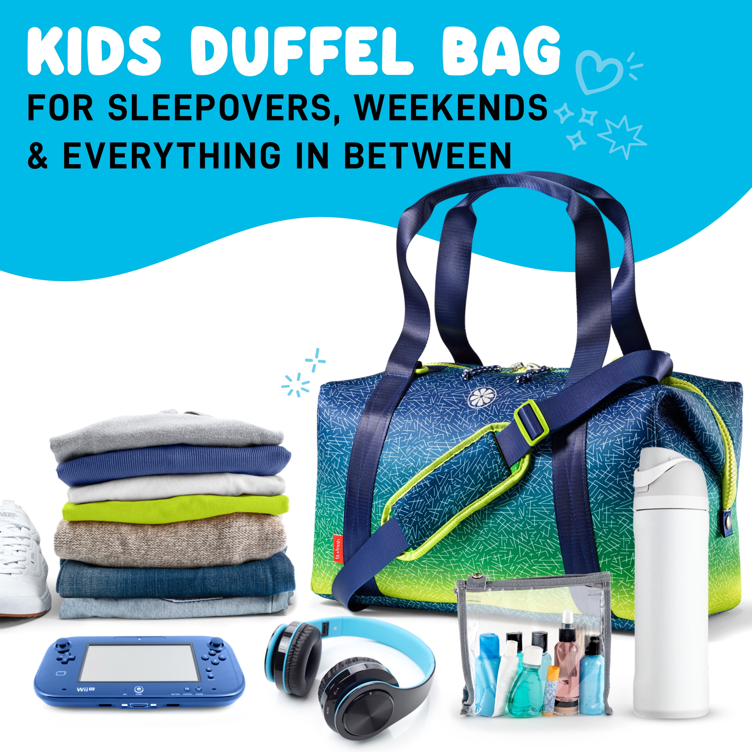 Fit + Fresh Junior Duffel Bag For Kids, Premium Neoprene Dance & Sports Bag, Weekender, Blue Green