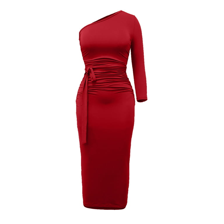 Spring Dresses For Women 2023 Party Fashion Women Solid Tight One-Shoulder  Long Sleeve Flounced Edge Belt Long Dress Daily One Shoulder Sleeve Collar