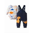 thumbnail image 2 of Infant Baby Boy Clothes Dinosaur Long Sleeve Romper + Animal Style Suspender Pants Outfit Set Dark Blue 6-9 Months, 2 of 7