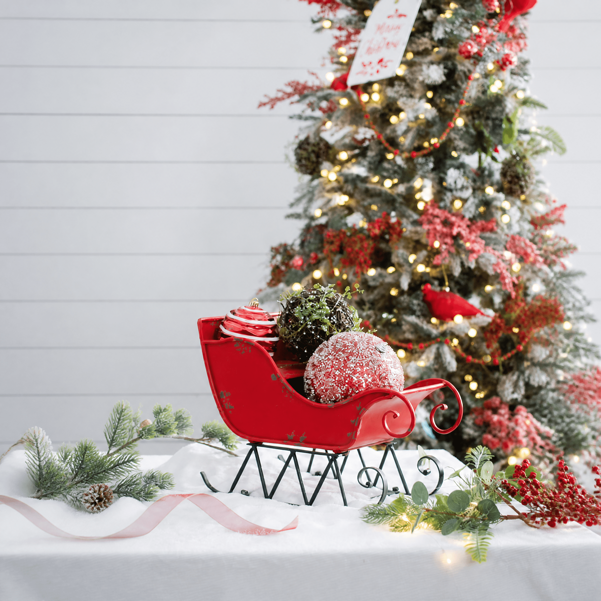 Large Iron Santa Sleigh Holiday Decoration 14.5 Inch Red Metal Distressed Tabletop Mantel Decor