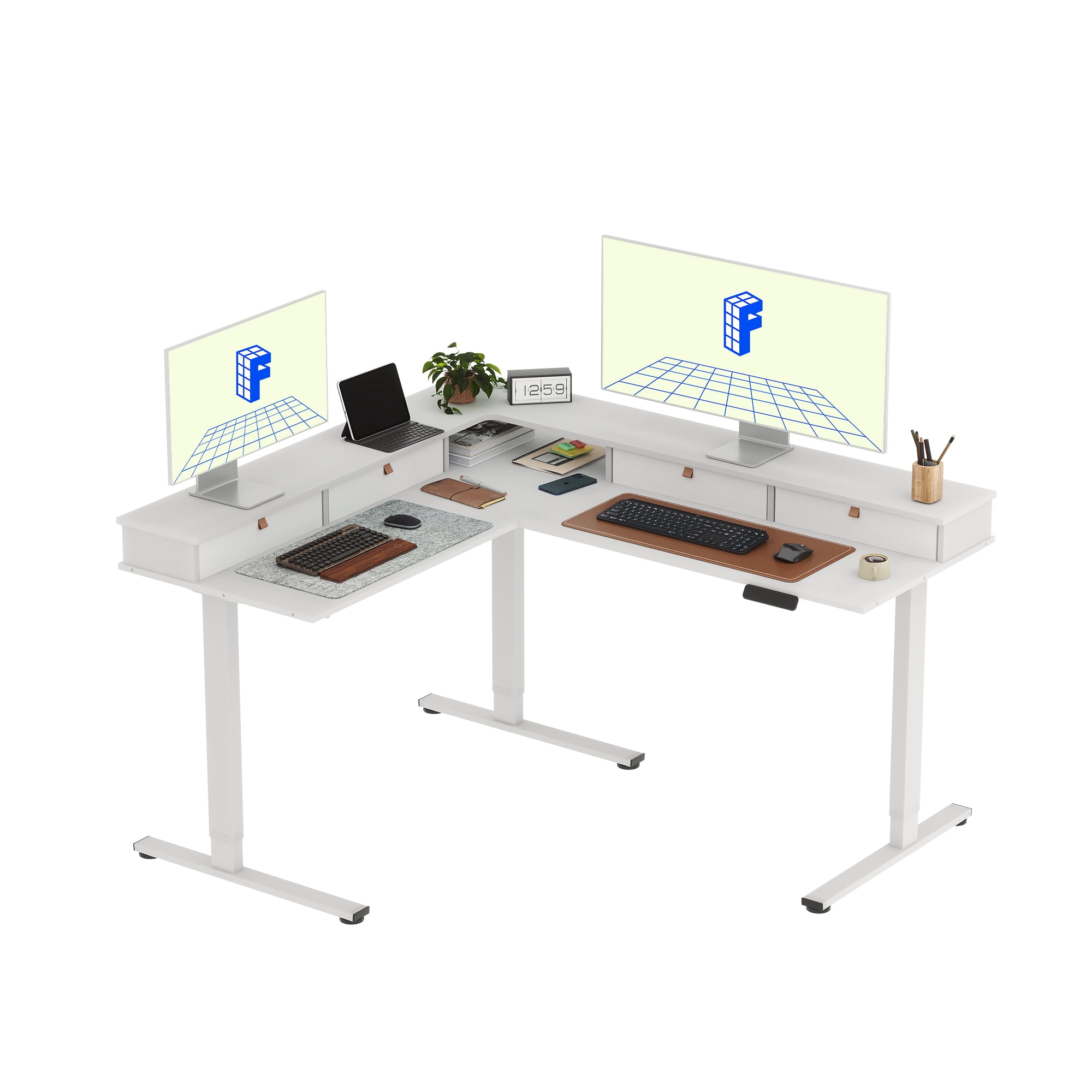 FitStand 63'' L Shaped Electric Standing Desk, Height Adjustable Electric Corner Standing Desk with Shelf and Drawers, White