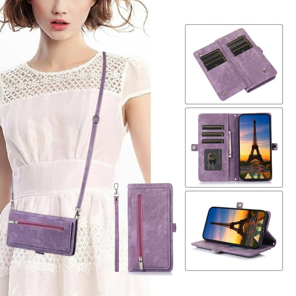Crossbody For iPhone 16e Wallet Case [Cards Theft Scan Protection] Card Holder Zipper PU Leather Flip Kickstand Cover Shoulder Strap & Short Wrist Strap Magnetic Phone Cover,Purple