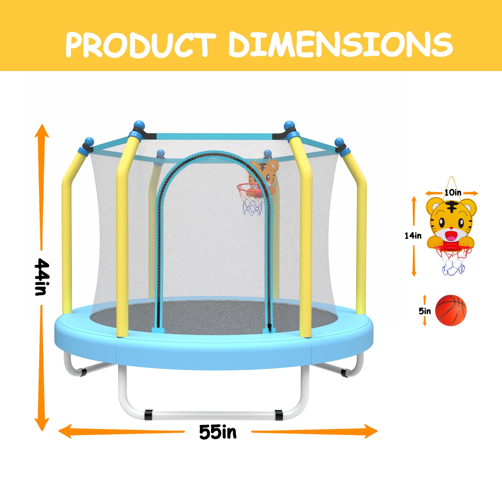 Toddler Trampoline with Safety Enclosure Net, Segmart Mini Trampoline with Cartoon Basketball Hoop, Recreational Trampoline with No-Gap Safe Design, Birthday Gifts for Boys & Girls
