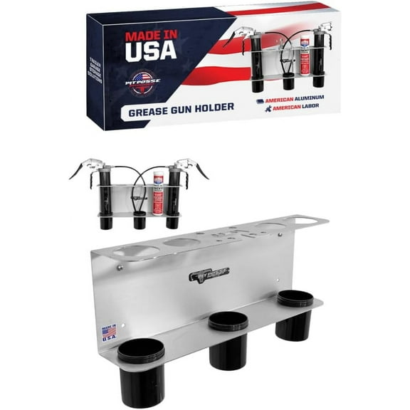 Pit Posse PP3363 Hand Grease Gun Tube Holder Rack - Made in USA - Holds 2 Grease Guns- Garage Organizer Aluminum Storage Caddy Wall Mount Accessory for Enclosed Trailer, Shop, or Garage (Silver)