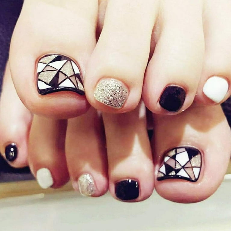 Geometric triangle Toes Fake Nails Silver Glitter Black Silver Glitter  Pattern Toenails 24pcs Kit Toe Art Tips