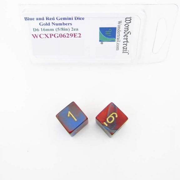 Blue and Red Gemini Dice with Gold Numbers D6 Aprox 16mm (5/8in) Pack of 2 Wondertrail