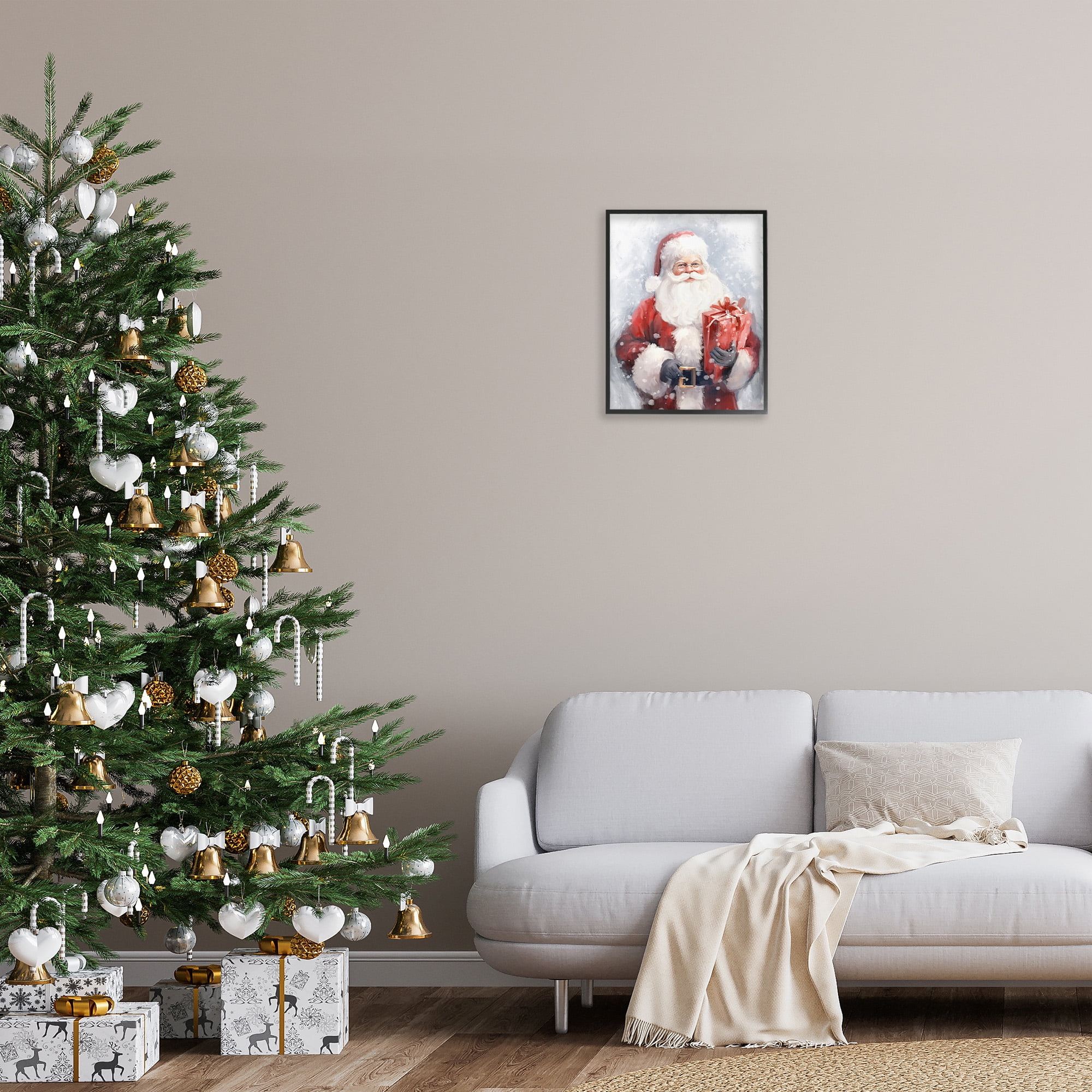 Stupell Industries Santa with Red Gift Holiday Painting Black Framed Art Print Wall Art, 16 x 20
