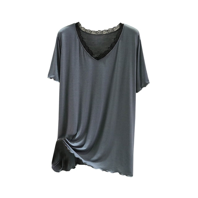 Blusas de Encaje para las Mujeres de Moda Tamaño Grande Cuello en V Color Sólido Camiseta de Manga Corta Abrigo de Casa