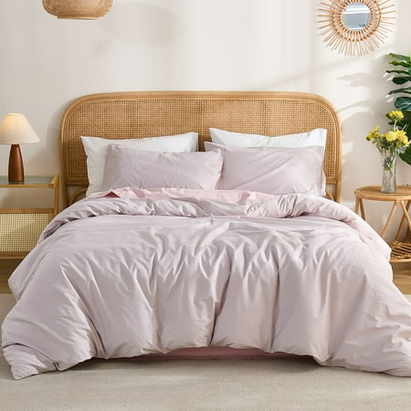 100% Washed Cotton Duvet Cover – Beige Grey, Linen-Like Texture, Super Soft & Breathable Bedding Set, 3-Piece Durable Percale Comforter Cover