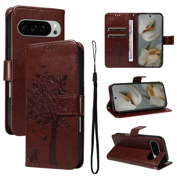 Compatible with Google Pixel 10 /10 Pro Wallet Case with Kickstand Credit Card Holder Slots Cute Cat Butterfly & Tree Embossed Premium PU Leather Protective Phone Case with Wrist Strap,Brown