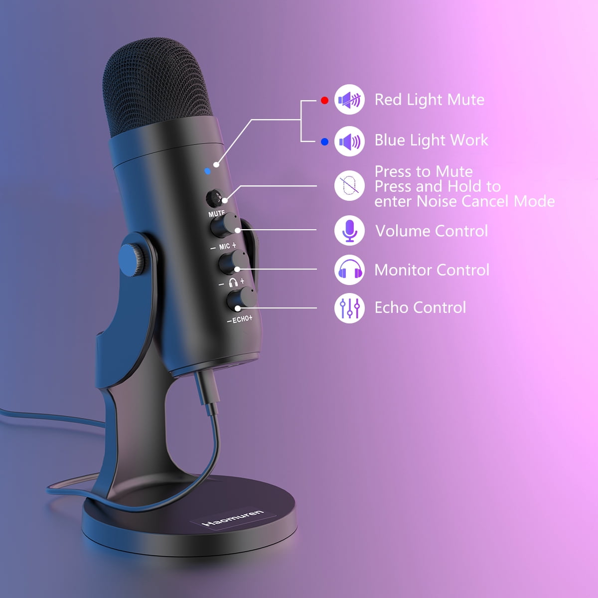 Haomuren USB Condenser Microphone for PC/Mac, Plug & Play Gaming Mic with Headphone Output, Mute, Volume & Gain Control, for Podcast/Vocal/Streaming