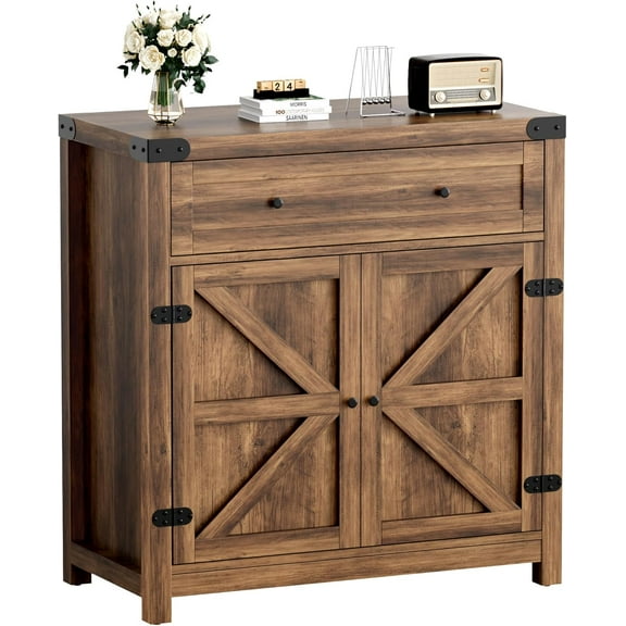 Coffee Bar and Accent Cabinet, Farmhouse Barn Door Buffet Sideboard with Drawer and Adjustable Shelf, Wide Desktop for Kitchen, Dining Room, Bathroom, Entryway, Brown