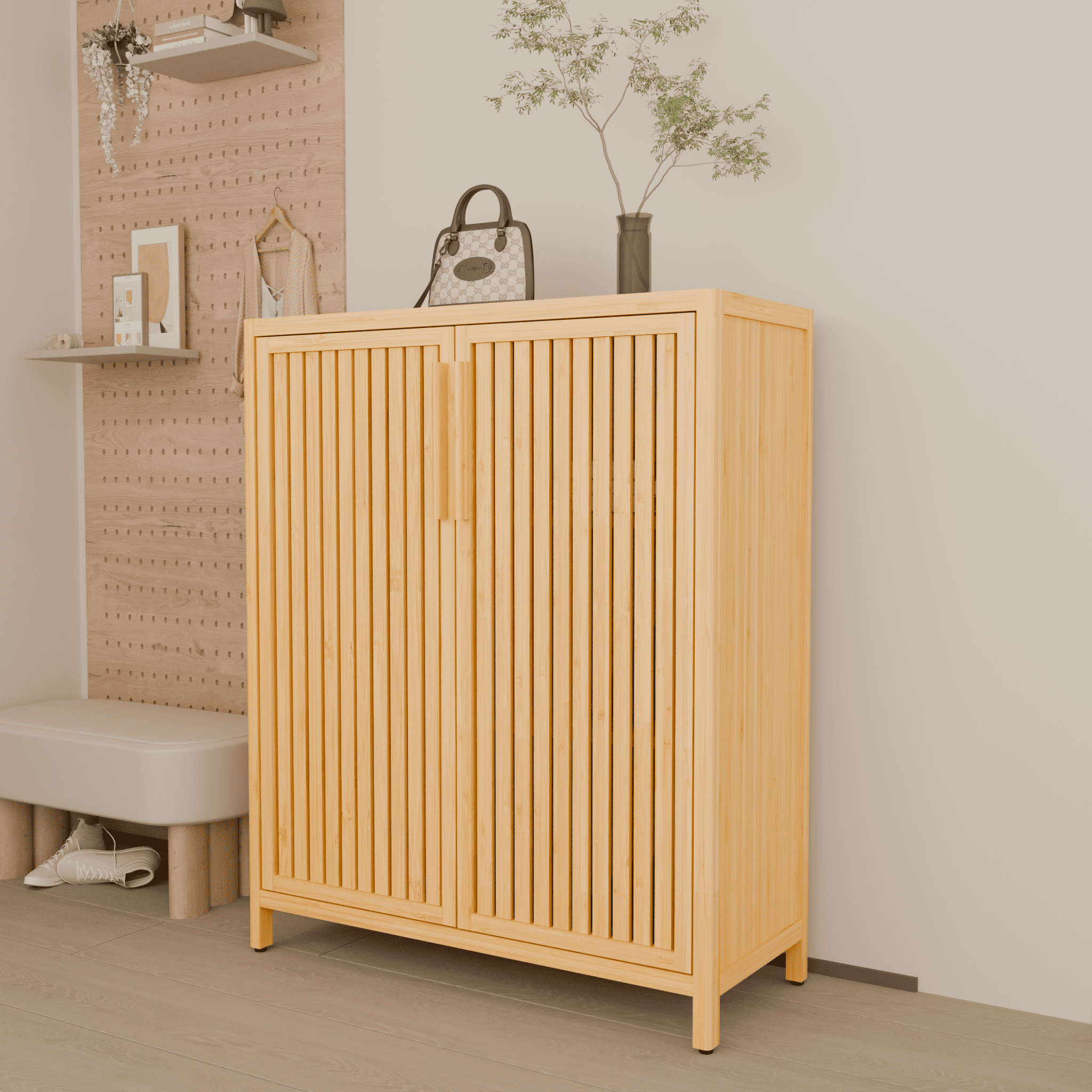 Yoneston Bamboo Storage Cabinet with Doors, Home Office 3-Tier Shoe Rack Shelves for Entryway, Bathroom, Living Room Natural