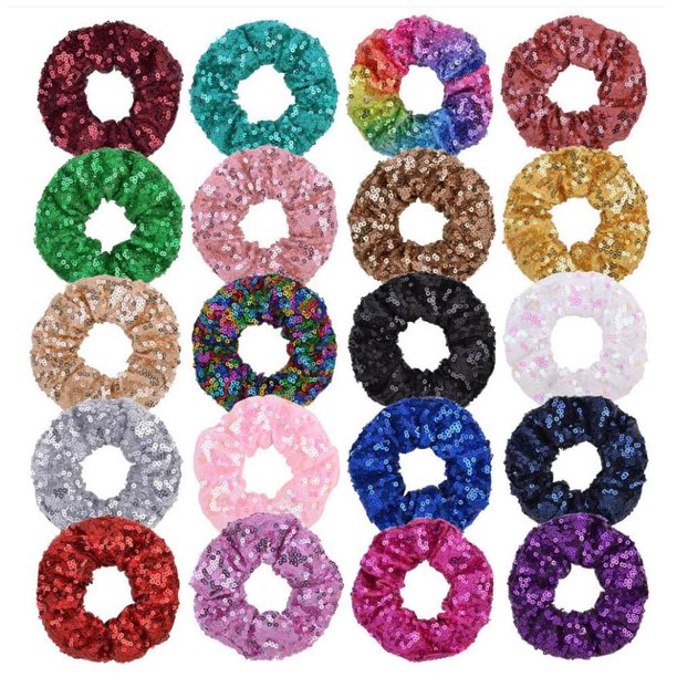 FZBNSRKO Paquete de 20 coleteros de seda para el pelo, coleteros de satén para niñas, decoración de lentejuelas, bandas elásticas, soporte para cola de caballo para mujeres o niñas, accesorios para el
