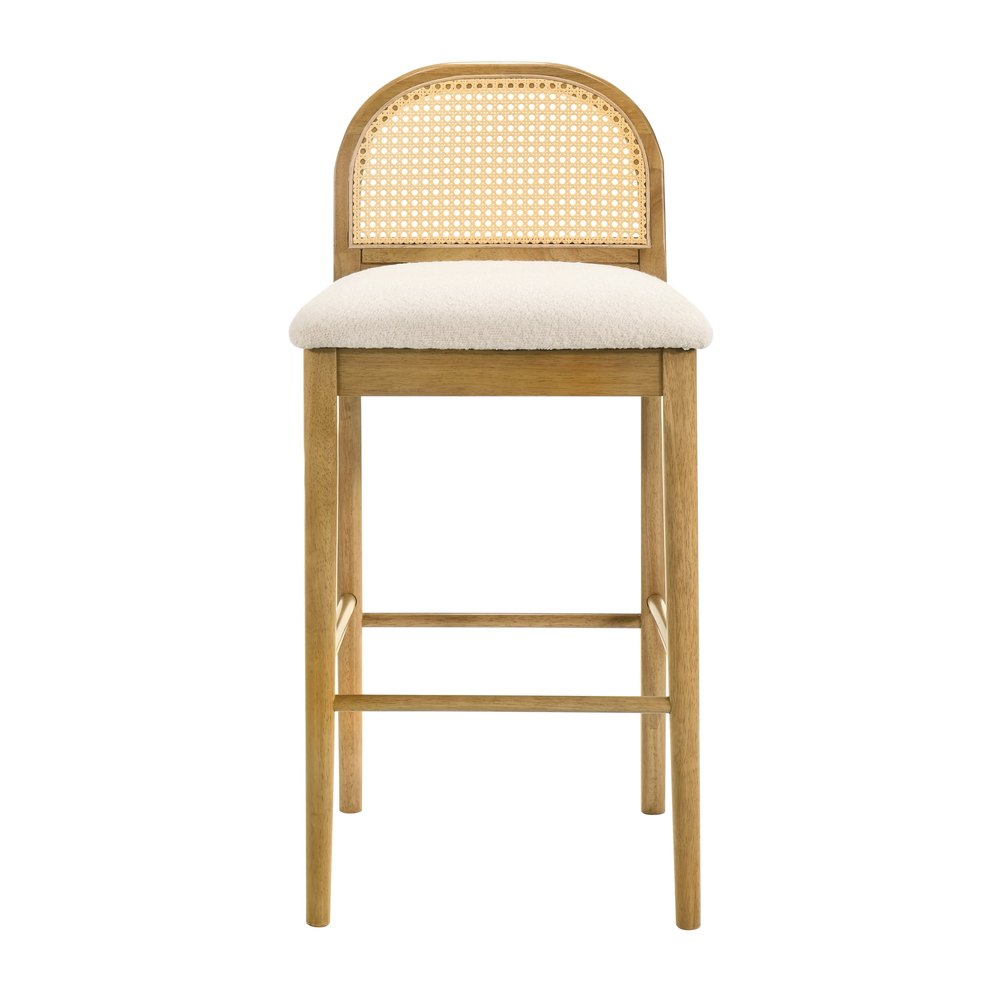 Lucio Modern Farmhouse Wood Bar Height Kitchen Bar Stool in Amber Glow Finish with White Boucle Fabric Upholstered Seat - Set of 2