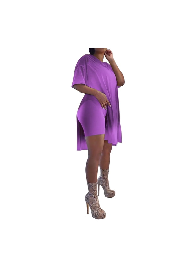 2 Piece Sets For Women Casual Oversized Summer Outfits Short Sleeve Side Split Tops Shorts Set Workout Clothes Solid Color Trendy Outfit