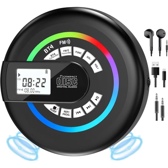 MUSICOZY Portable CD Player,Bluetooth Personal CD Player with Built‑in Speakers,Rechargeable Walkmans,Support CD/MP3 Disc&USB Playback,LCD Display Retro CD Player for Home Travel Car Student