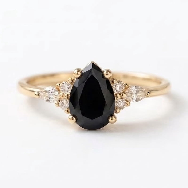 Pear Cut Black Onyx & Marquise Cut Diamond Engagement Ring, April Birthstone Ring, Daily Wear Ring, Anniversary Ring, Stackable Ring, Handmade Jewelry