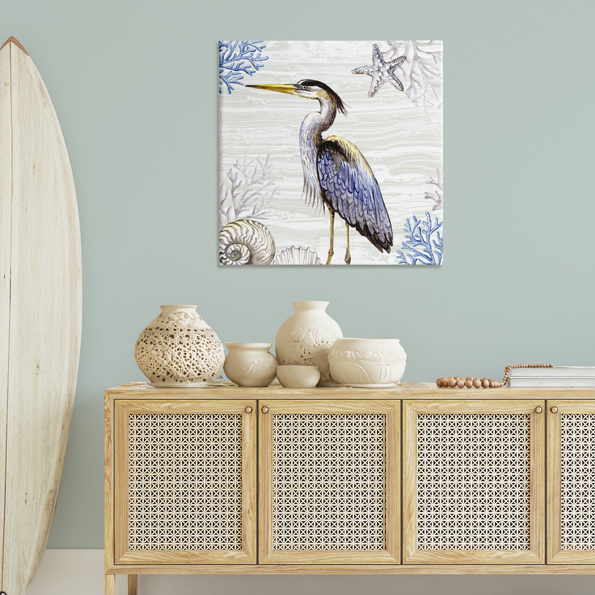 Stupell Industries Beach Bird Heron & Coral Animals Painting Wrapped Canvas Art Print Wall Art, 36 x 36