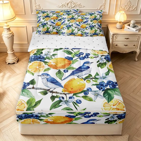 Erosebridal Watercolor Bird Animals Zipper Twin Comforter Sets with Fitted Sheet and 2 Pillowcases,Rustic Branch Zipper Bedding Set,White Blue,Reversible,4pcs