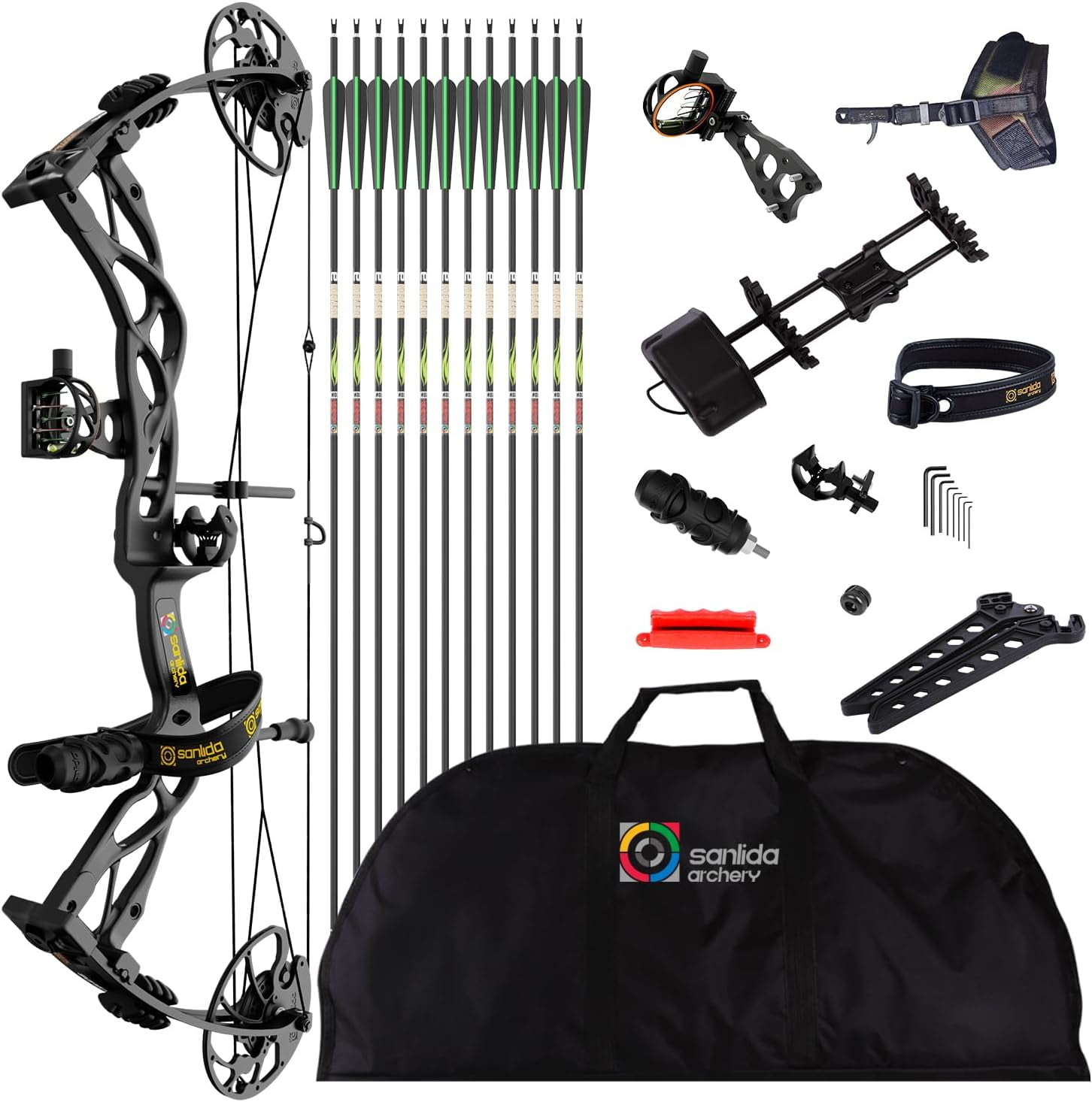 Sanlida Dragon X9 Ready to Hunt Compound Bow Package for Adults, Archery Compound Bow and Arrow Set, 0-70 Lbs Draw Weight, No Bow Press Needed, Limited Life-time Warranty (Black)