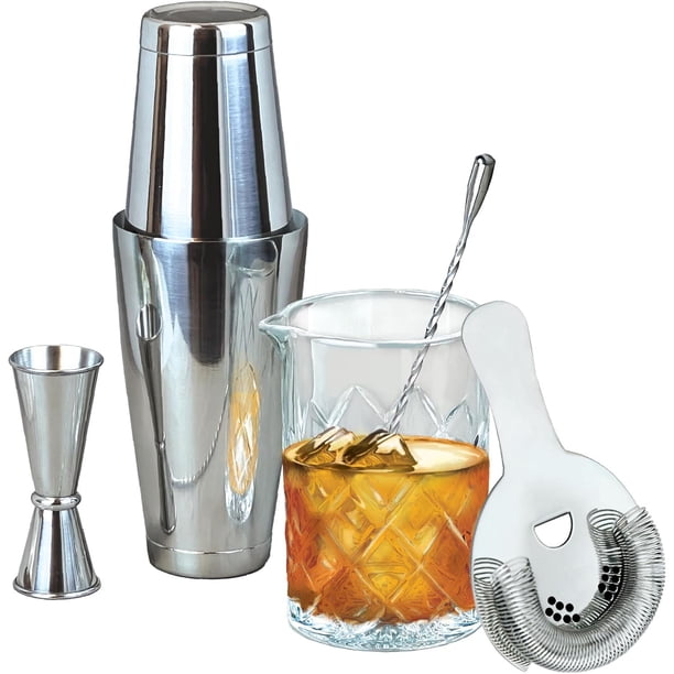 Juego de 6 Piezas para Coctelería - Set de Herramientas para Bartender con Coctelera Boston - Incluye Utensilios para Mezclar Bebidas y Cócteles