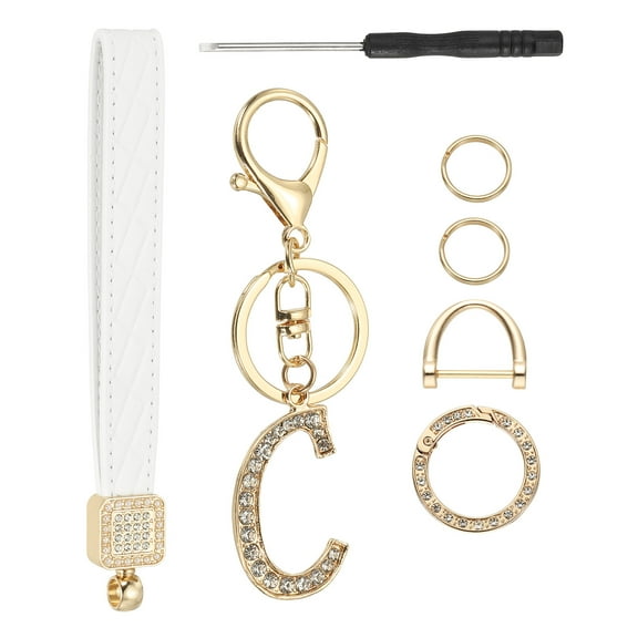 Leather Wristlet Keychain, Chic Letter C Keychains with Key Ring and D Ring Car Keys Keychain Decorative Alphabet Key Chain for Bag Backpack DIY, Gold Tone