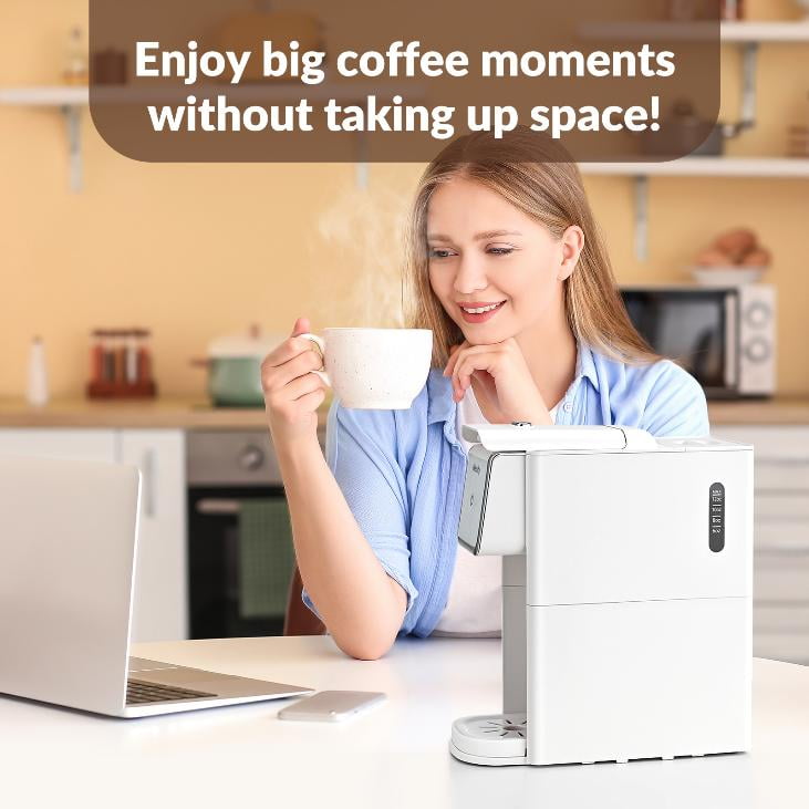 Mecity Mini Coffee Maker - Single Serve for K-Cup, Ground Coffee & Loose Tea, 6-12 Oz Brew Sizes, Includes Water Window & Descaling Mode, White