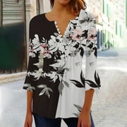 Fanxing Womens Tunic Tops 3/4 Sleeve Petal Sleeve V Neck Button Blouse Pleated Leopard Print Hawaiian Shirt for Ladies S,M,L,XL,XXL,XXXL,XXXXL,XXXXXL