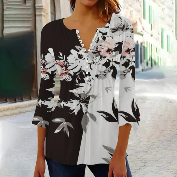 Baikeli Deals of The Day Today only Plus Size Tops for Women Vneck Button Shirts 3/4 Length Sleeve Tops Casual Flower Print Blouses Loose Cotton Linen Tee Casual Shirts for Women Trendy
