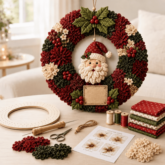 3D Fabric Poke Wreath DIY Kit, Punch Needle Craft Set, Complete Accessories Beginner‑Friendly Handcraft for Front Door Wall Home Decor