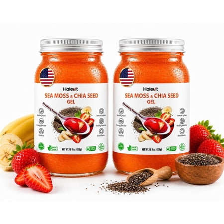 Halevit Wildcrafted Irish Sea Moss Gel | Sea Moss, Chia Seeds, Strawberry, Banana | 32 Oz| Made in USA | 2-Pack