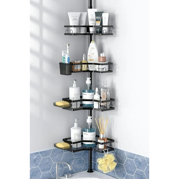 Corner Shower Caddy Tension Pole: 4tier adjustable Rustproof Bathroom Organizer Shelves - Bathtub shampoo rack 43.5-120 inch