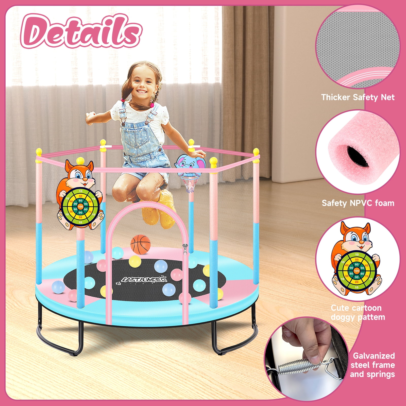LASTJUMPER 60"  Trampoline for Kids 2-5, 5ft Mini Indoor & Outdoor Small Toddler Trampoline with Basketball Hoop, Dart Board, Ocean Ball ,Baby Trampoline Toys, Birthday Gifts for girl,pink